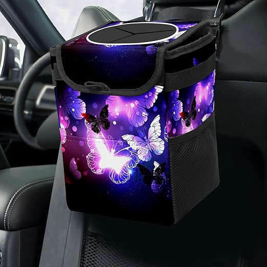 Purple Butterfly Trash Can With Lid - Collapsible Reusable Waterproof Car Garage Bag, Automotive Garbage Can, Accessories Interior Organizer