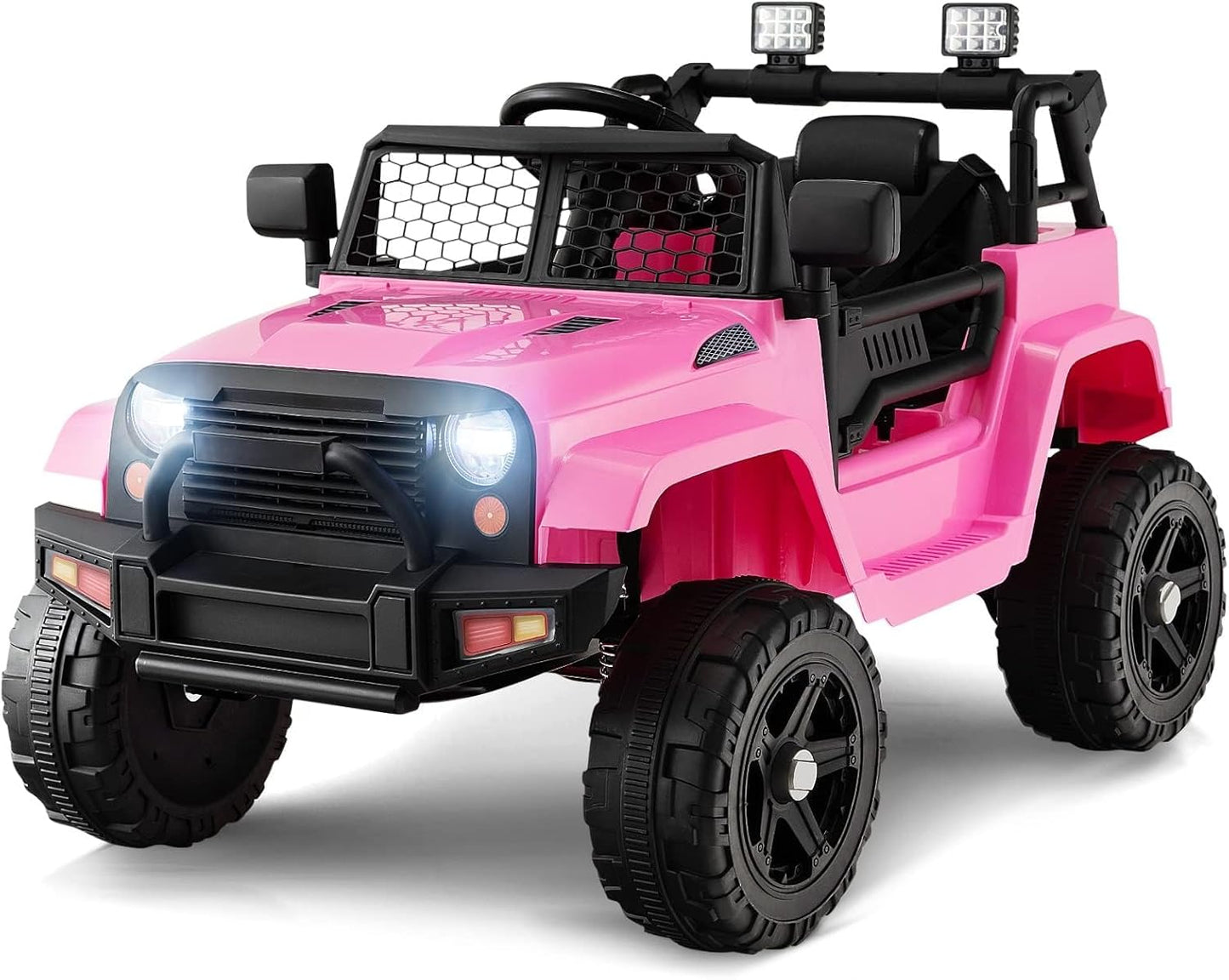 OLAKIDS Kids Ride On Truck, 12V Electric Vehicle Jeep Car with Remote Control, Toddlers Battery Powered Toy with 2 Speeds, Spring Suspension, Double Open Doors, LED Lights, Music, TF, USB, Mp3 (Pink)
