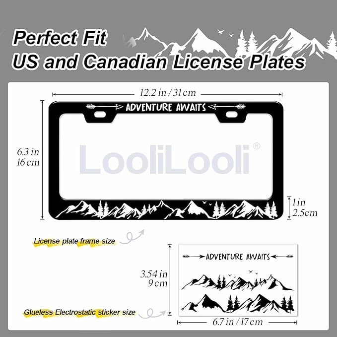 1pcs Black White Mountain License Plate Frame for Women, Forest Mountain Landscape car tag Frames Girly for Vehicle with Non Adhesive Electrostatic Sticker