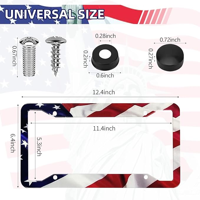 LIN KANG American Flag License Plate Frame Holder - 2 Pack Universal Aluminum Matte Stripe US Flag Gloss Patriotic Car Plate Frame Covers with Free Screws Fasteners Caps