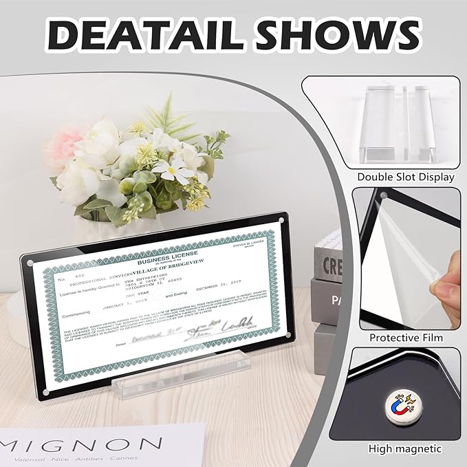 5x10 Business License Display Frame Magnetic Acrylic Business License Certificate Frame with Base White Card Paper for Desk House Office Hotel (Black)