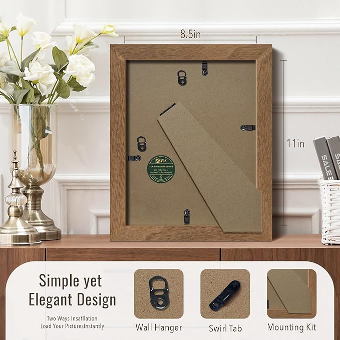 VCK 8.5x11 Brown Walunt Picture Frames 3 Pack, High-End Wood Wide Border Poster Frame,Tabletop & Wall Hanging, Multi-Directional Display Family Photos, Office Prints, Studio/Gallery/Home