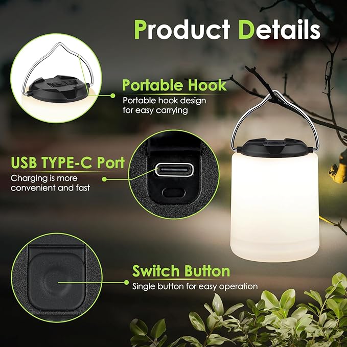 LED Camping Lantern, Rechargeable Camping Light, 4 Modes Outdoor Flashlights Lanterns with 1000LM, Water Resistant Portable Emergency Camp Light for Hurricane Hiking Survival Kits - Black