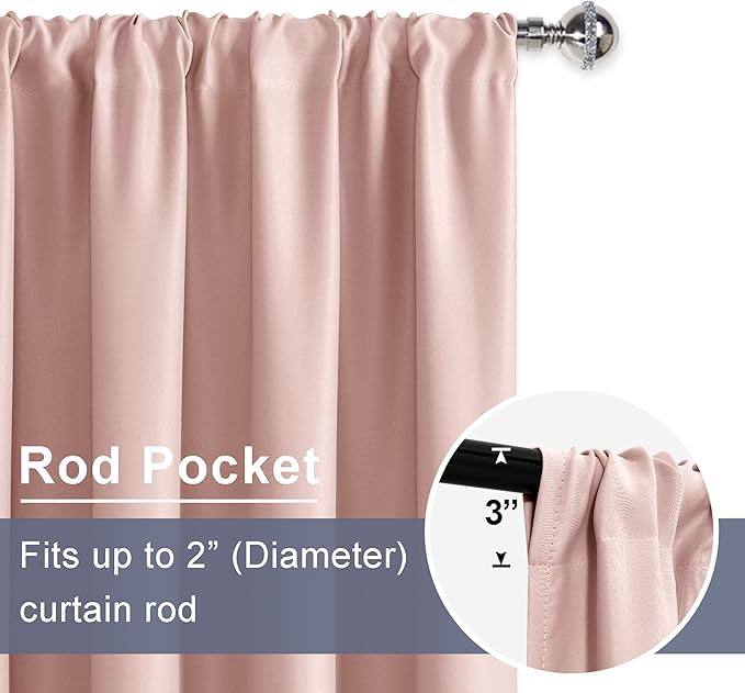 JIUZHEN Pink Blackout Curtains for Gril Room - Thermal Insulated Light Blocking Curtains, Room Darkening Rod Pocket Curtains for Living Room, Set of 2 Panels with Tiebacks, 42 x 63 Inch Length