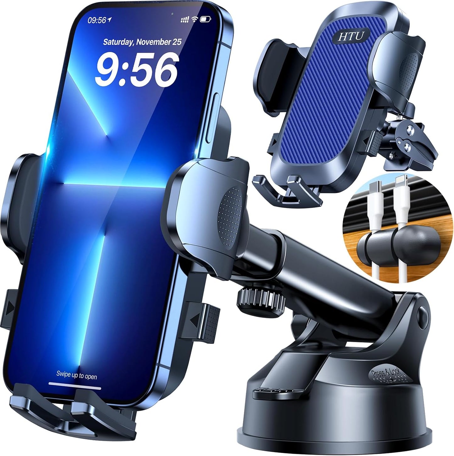 HTU [True Military-Grade] 2025 Upgraded Car Phone Holder 【Safety Certs & No Smell】 Cell Phone Holder for Car Mount for Dashboard Windshield Air Vent Long Arm Thick Case,Sapphire Blue