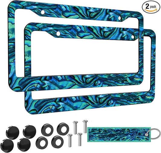 2pcs Faux Abalone License Plate Frame for Women, car Decorative tag Frames Girly, Faux Abalone License Plate Cover Holder for Vehicle with Double Sided car Keychain tag