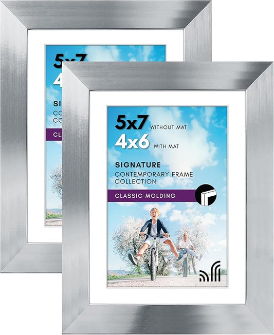Americanflat 5x7 Picture Frame in Silver - Displays 4x6 With Mat and 5x7 Without Mat - Composite Wood with Polished Glass - Horizontal and Vertical Formats for Wall and Tabletop - Pack of 2