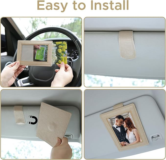 KINIVA 2 Pack Car Picture Holder - Magnetic Faux Leather Picture Frame for Safe Driving - Gift for Dad Mom Husband Wife Car Visor Accessories, Car Accessory (Fits 2.5"x3.5" Photos) (Apricot)