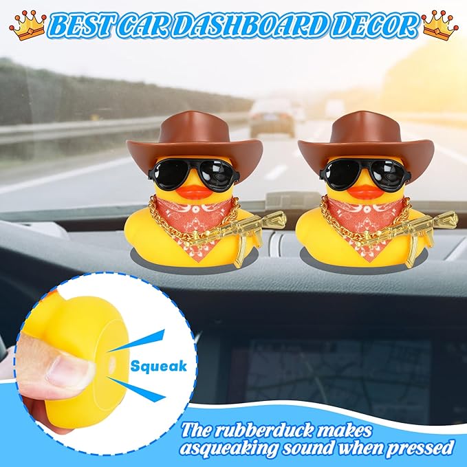 BOZILY Funny Cowboy Hat Rubber Duck Car Decor with Cowboy Hat Necklace Gun Scarf and Sunglasses - Mini Rubber Duckies with Accessories for Dashboard, Office & Home Decor