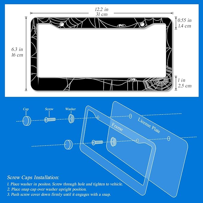 2PCS Spider Web Pattern License Plate Frames for Men Women - Universal Aluminum Stainless Steel Personalized Car Tag Covers Holder with Screws, Caps, Rattle Proof Pads and Handlebar Stickers