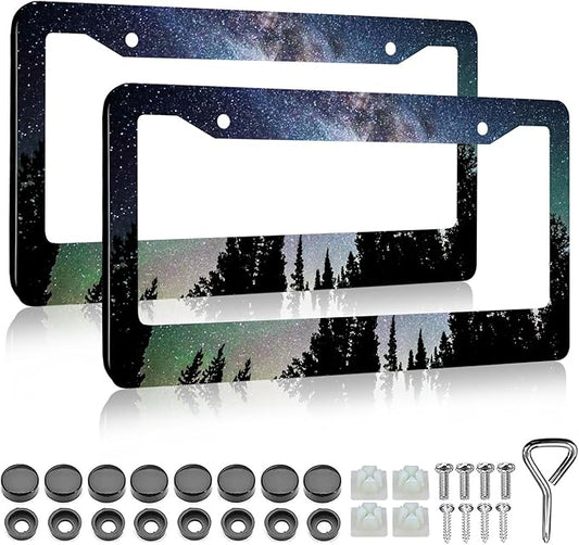 Galaxy Forest License Plate Frame - 2 PCS Aurora Galaxy Starry Sky Aluminum Metal Funny License Plate Frames Holder Covers, Rust-Proof Waterproof Car Decorative Tag Frames for Standard Us 12x6 Inch