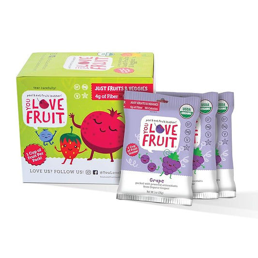 YOU LOVE FRUIT - GRAPE All Natural Fruit Snacks, Healthy Snack Pack, Real Fruit! Gluten Free, Non GMO, Vegan, Fiber packed, Low Fat, Kosher, Variety Pack, Great For Adding To Gift Box, 1.0 oz (Pack of 12)