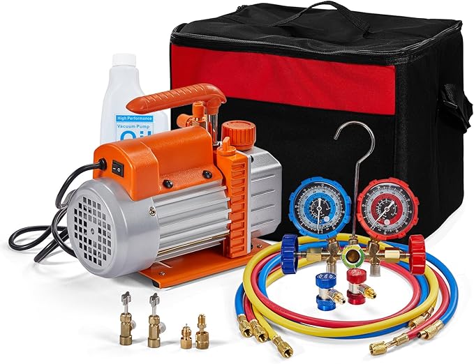 SUNROAD HVAC Air Vacuum Pump Set, 3.5 CFM 1/4HP A/C Refrigeration AC Manifold Gauge Kit for R410A R134a R12 R22 R502 Auto Air Conditioning Refrigeration Recharging