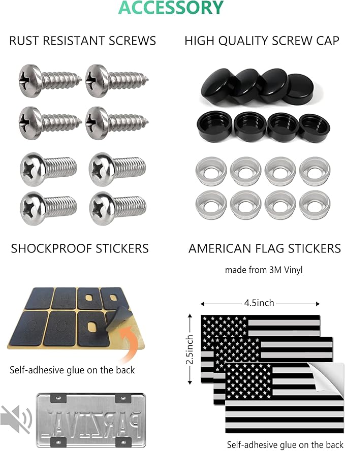 American Flag License Plate Frame- Black Front Rear Patriotic USA ‌Car Tag Frames, 2 Pack Heavy Duty Brushed Aluminum Plastic Composite Holder with Screws Caps