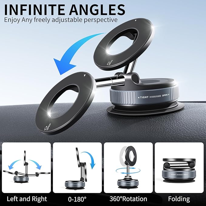 Vacuum Suction Magnetic Phone Holder, 2025 Upgraded Vacuum Suction Cup Mount for Magsafe, 360° Adjustable Foldable Portable Magnetic Car Phone Stand for Cars/Gyms/Mirrors/Smooth Surface (Black)