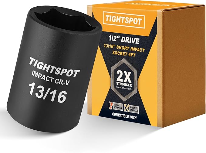 TIGHTSPOT 1/2 Inch Drive 13/16 Inch Shallow Impact Socket with Anti-Rounding 6 Point Design, Heat-Treated CRV Steel