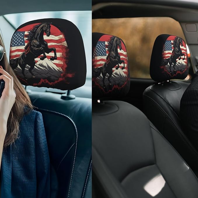 Dujiea 2 Pack Horse Jumping Mountain American Flag Car Headrest Covers, Universal Soft Car Seat Head Rest Cover Protector, Vehicle Accessories Fabric Headrest Cover for Cars Vans Trucks