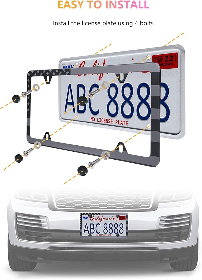 American Flag License Plate Frames - 2 Pack Black Stainless Steel Patriotic USA Car Tag Frame with UV-Printed Flag & 3D Metal Decals