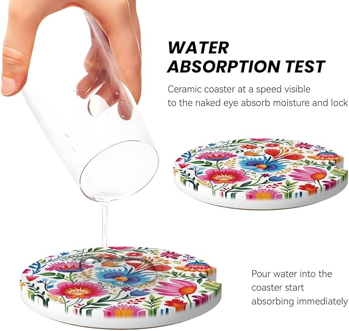 ABLESKY Car Coasters for Cup Holders, 2 Pack Absorbent Anti Slip Car Cup Holder Coasters, 2.56 Inch Ceramic Universal Size Auto Interior Accessories Women Men-Retro Flowers Colorful