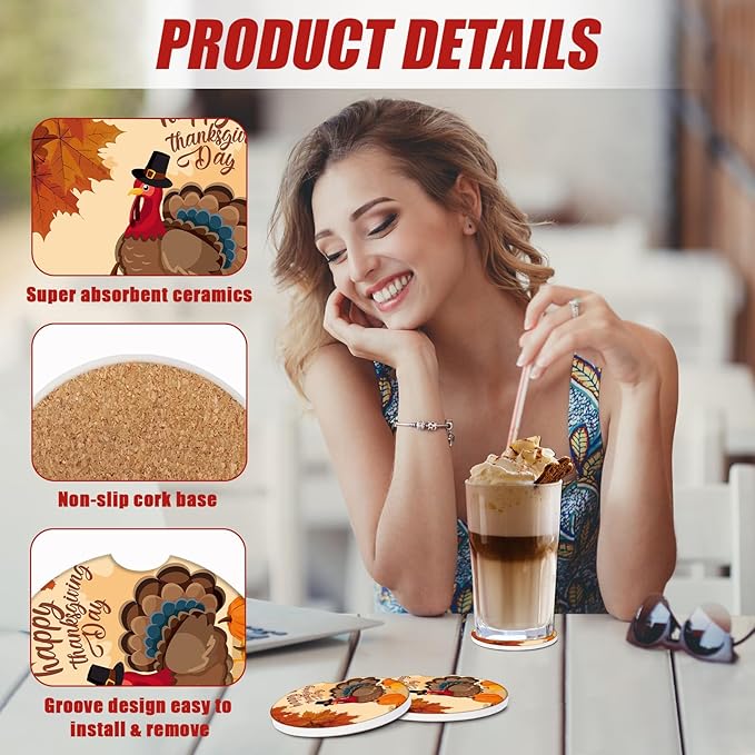 Thanksgiving Turkey Car Coasters for Cup Holders, Fall Pumpkin Absorbent Ceramic Car Coaster Car Cup Holder Coaster Car Accessories for Women Men (2 Pack)