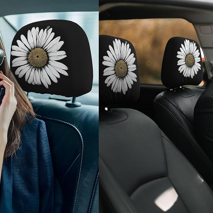 Dujiea 2 Pack Daisy Car Head Rest Covers, Universal Soft Car Seat Headrest Protector, Vehicle Accessories Fabric Headrest Cover for Cars Vans Trucks