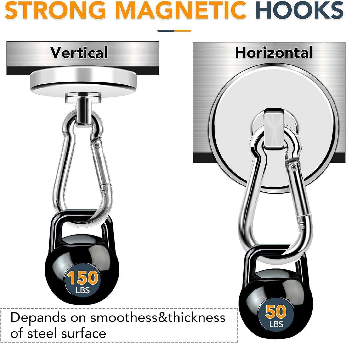 MIKEDE Strong Magnetic Hooks, 150LB Neodymium Heavy Duty Magnets with Swivel Carabiner Hook, Magnetic Hangers for Locker, Kitchen, Cruise Cabin, Office - 10 Pack