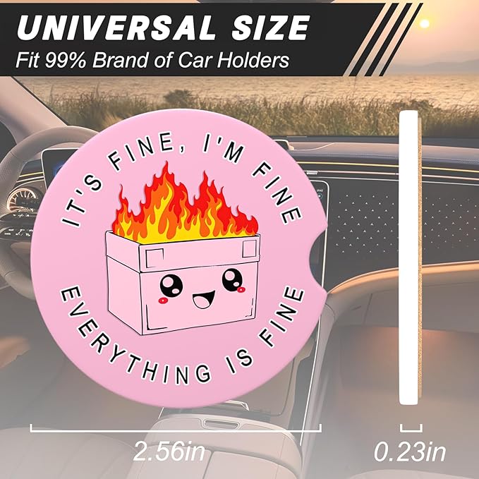 Car Cup Holder Coasters, 2 Pack Universal Auto Anti Slip Insert Coaster with A Finger Notch, Cup Mat for Most Car Interior, Pink Cute Dumpster