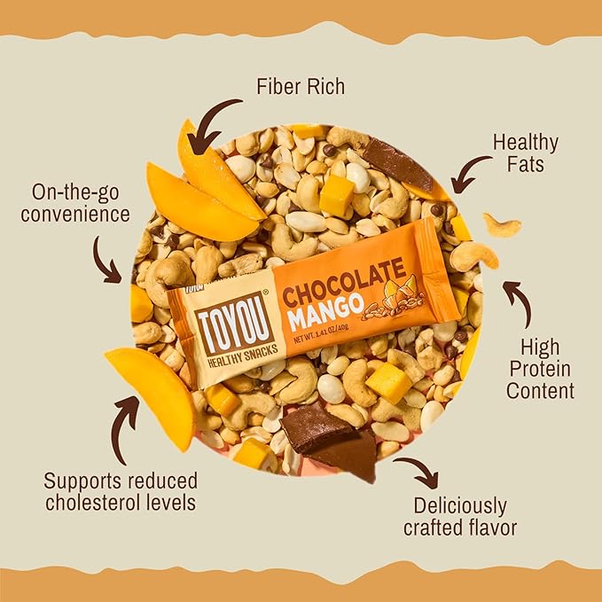 ToYou Chewy Fruit and Nut Bars - Healthy Protein Snacks | Chocolate Mango - 1.41 Ounce (Pack of 12) | Soft Chewy, Fiber-packed Granola Bars for Adults and Kids, Made with Natural Ingredients