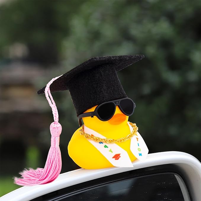 wonuu Graduation Stole Rubber Ducks, Dashboard Decorations Duck for Car Ornament Accessories with Hat Sunglasses Sash Chain (Pink)