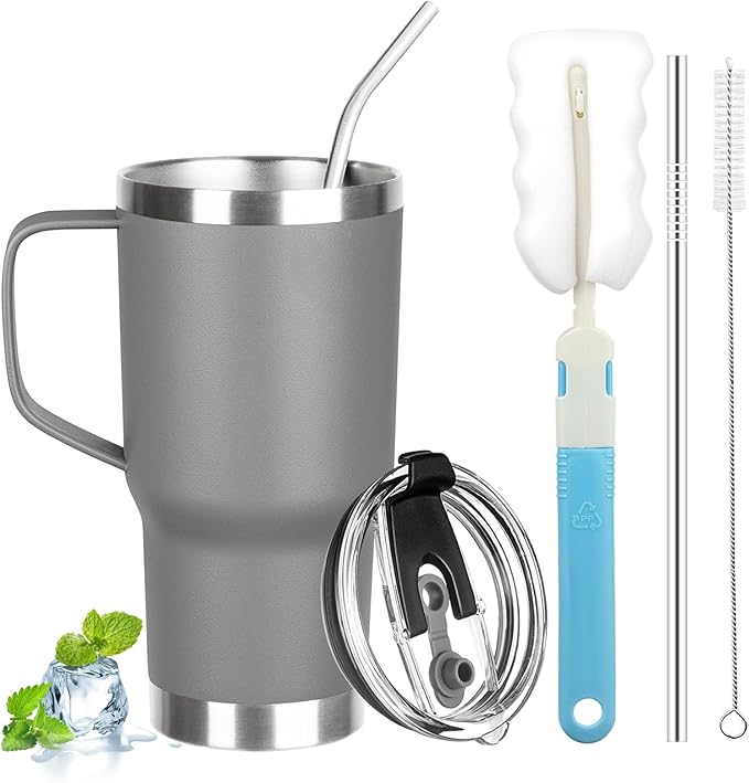 20 oz Tumbler with Handle, Stainless Steel Insulated Tumbler with Lid and Straw, Double Wall Vacuum Insulated Coffee Mug Tumbler, Insulated Coffee Thermal Cup for Cold and Hot (Grey)