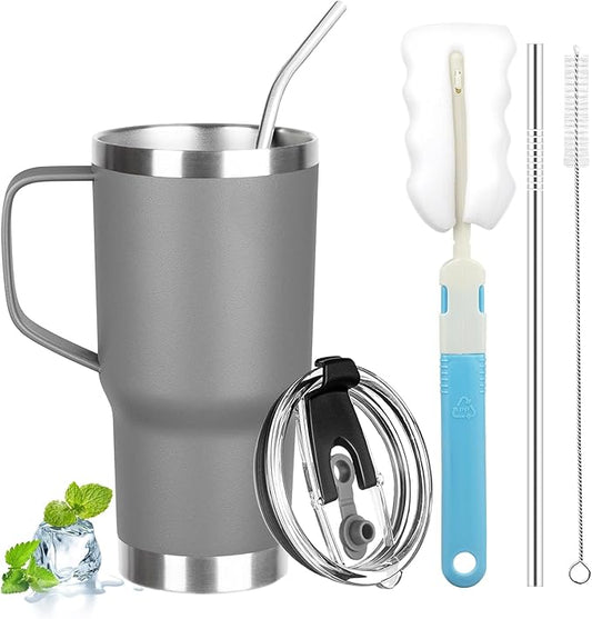 20 oz Tumbler with Handle, Stainless Steel Insulated Tumbler with Lid and Straw, Double Wall Vacuum Insulated Coffee Mug Tumbler, Insulated Coffee Thermal Cup for Cold and Hot (Grey)