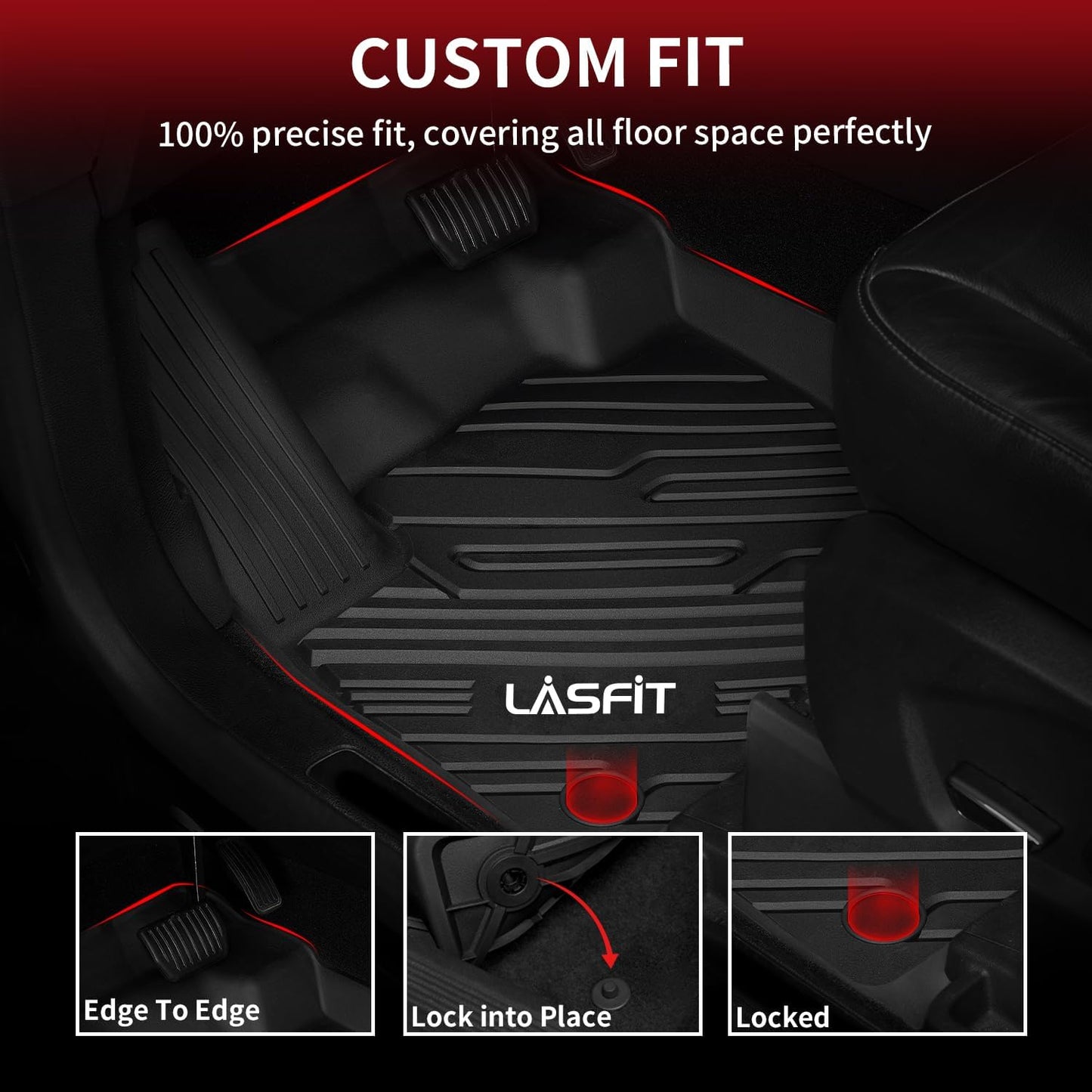 LASFIT Floor Mats for Ford Edge 2015-2024 SE/SEL/SEL Plus/Sport/ST/ST-Line/Titanium, Custom Fit TPE Car Floor Liners, 1st & 2nd Row All Weather Protector, 3pcs Black