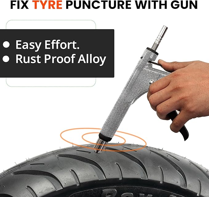 GRAND PITSTOP Tubeless Tire Gun Puncture Repair Kit with Mushroom Plug for Tyre Punctures and Flats on Cars, Motorcycles, ATV, Trucks & Tractors (Gun Kit Antic Silver)