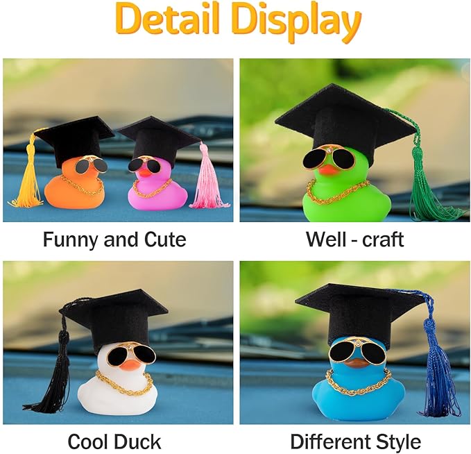 wonuu Car Dashboard Decor Graduation Hat Color Rubber Duck, Car Ducks Ornaments with Mini Graduation Hat Necklace Sunglasses (Purple)