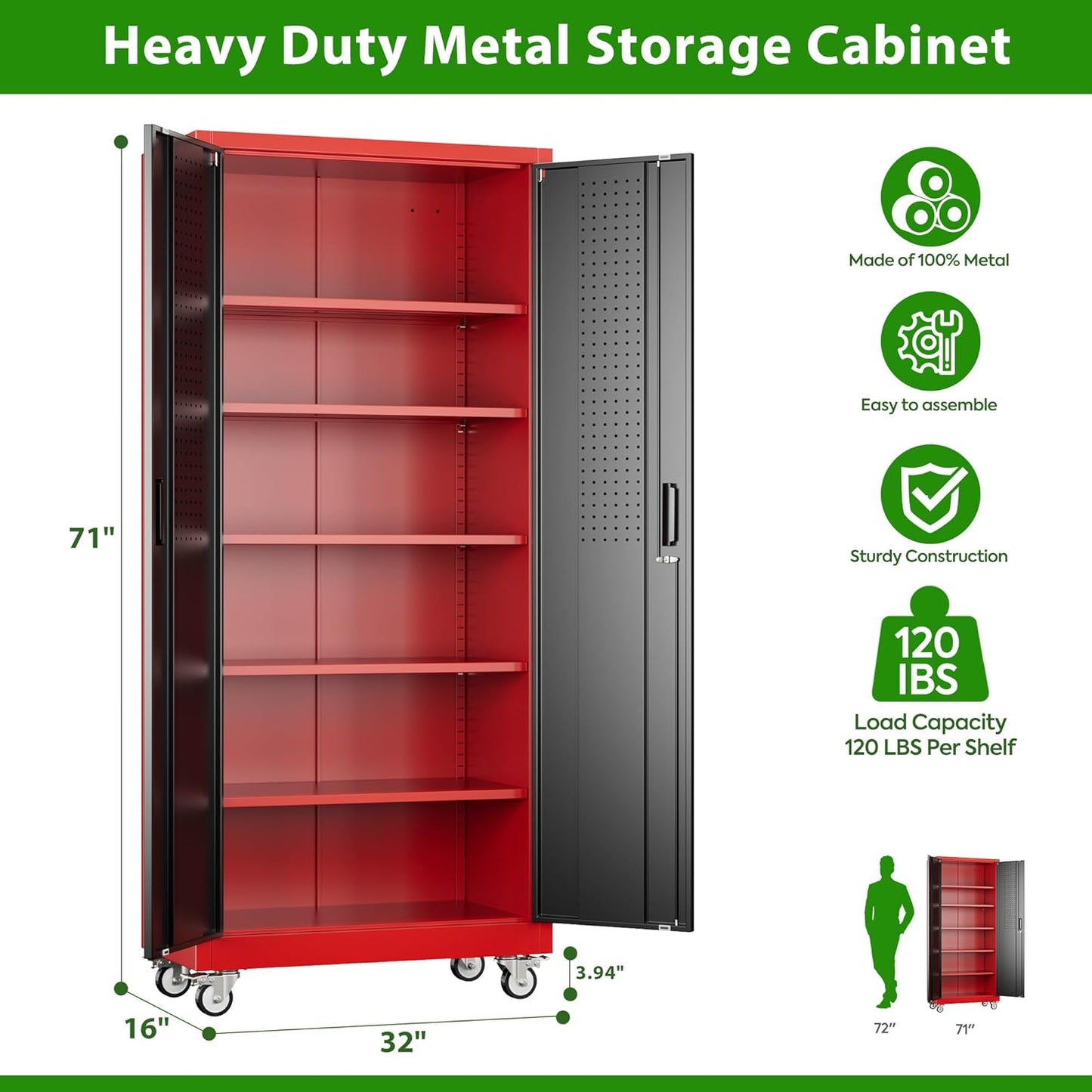 Garage Storage Cabinet with Pegboard and 5 Adjustable Shelves, 71'' x 32'' x 16''Metal Lockable Cabinet with Magnetic Doors,Tool Storage,Home Office Garage,Gym,School (Black-red)