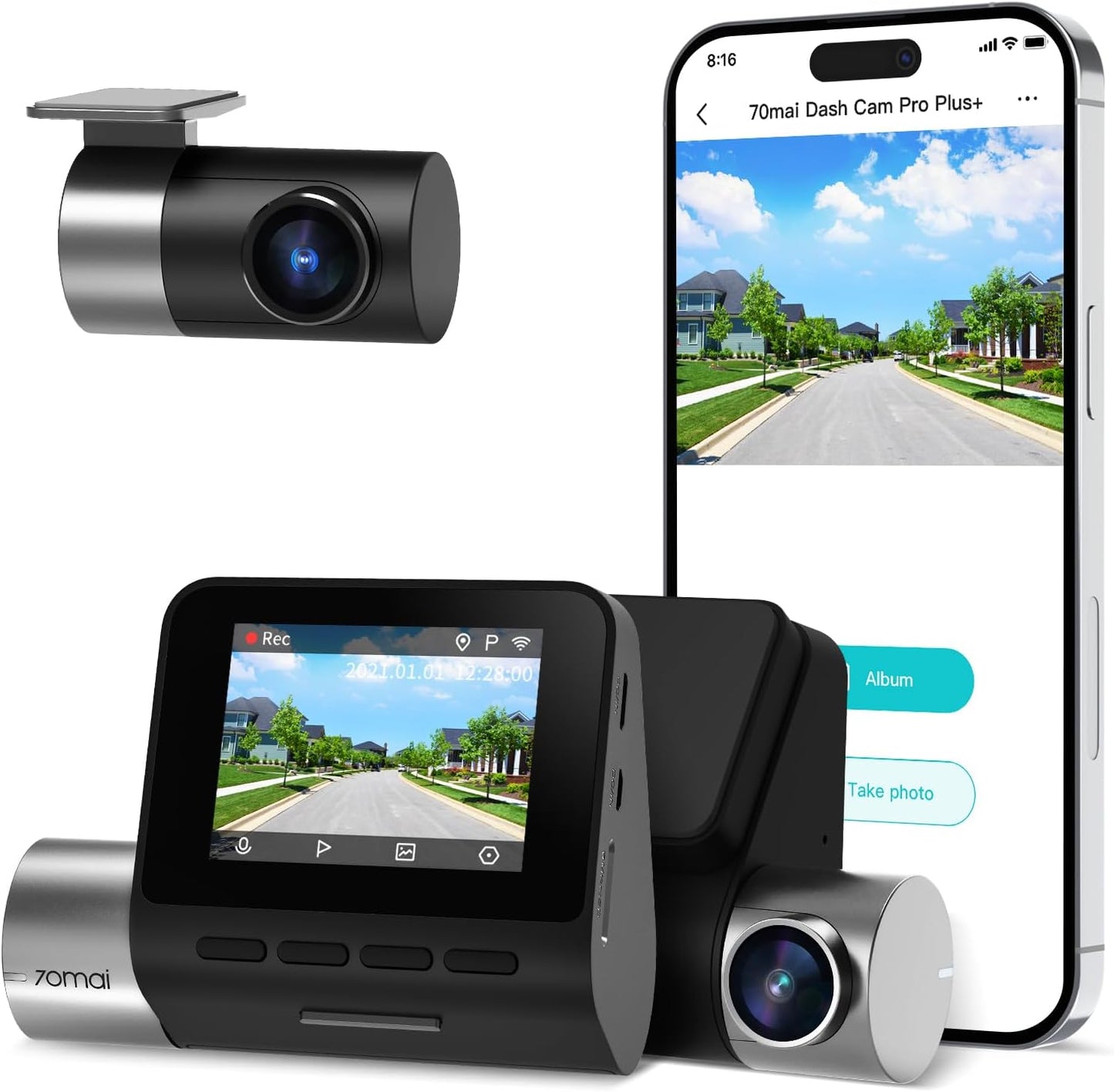 70mai 2.7K Dash Cam Front and Rear A500S, Dual Dash Camera for Cars, Dashcam with APP, Sony IMX335, ADAS, Built-in WiFi GPS, 2'' IPS Screen, WDR, Night Vision, 24/7 Parking Mode, Loop Recording