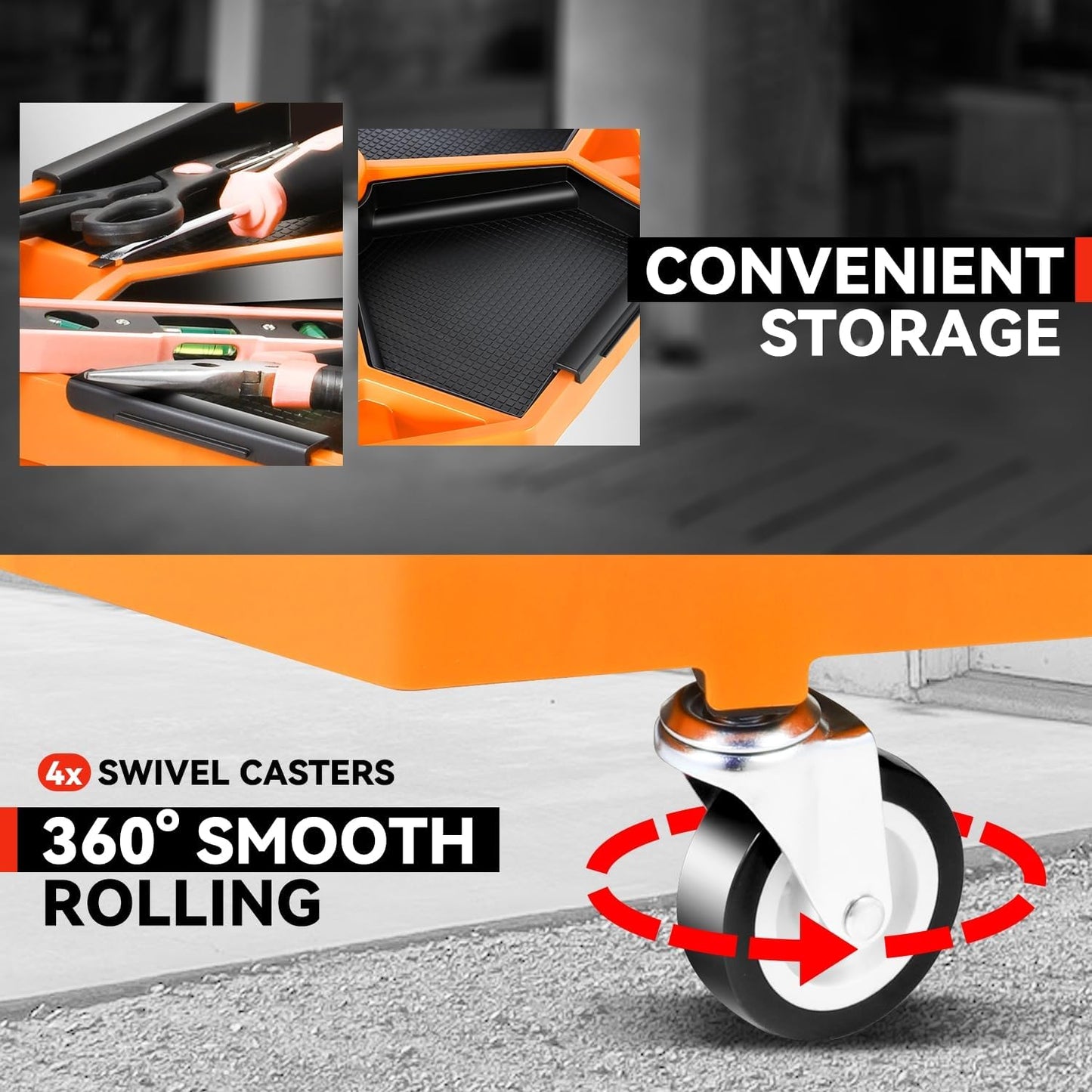 Auto Dynasty Mechanic Stool, Adjustable Rolling Pneumatic Creeper Garage Shop Seat with Tool Tray, 300 LBS Roller Seat for Workshop Auto Repair, Adjustable Height 15.7" to 21", Orange