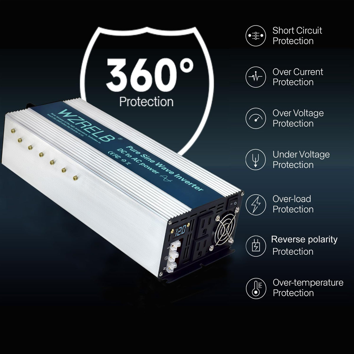 WZRELB 4000W Pure Sine Wave Inverter, Car Power Inverter 48V DC to 110V 120V AC Converter for RV, Truck, Solar, Outdoor with Dual AC Outlets, Hardwire Port, Surge 8000W, LED Display,Off-Grid