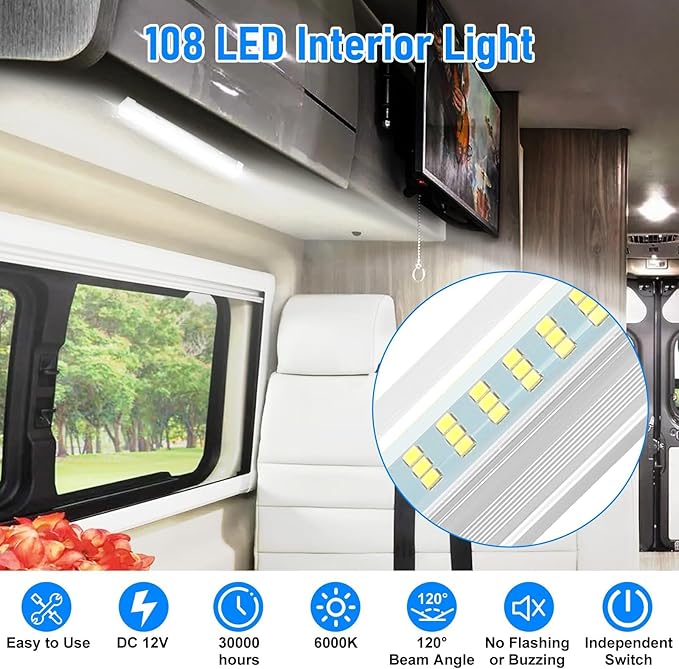 Linkstyle 4PCS 12V Interior LED Light Bar, Super Bright 12V LED Light Strip with Switch, 108 LEDs 1800LM Enclosed Trailer Lamp Lighting for Car RV Camper Boat Energy Efficient