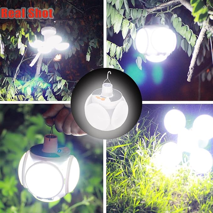 Folding Camping Solar Lamp Lights Waterproof Hanging Tent Collapsible Lantern 4000mah Remote Control Blub LED USB Rechargeable Foldable Portable for Home Indoor Outdoor Emergency Power Outage 1 Pack
