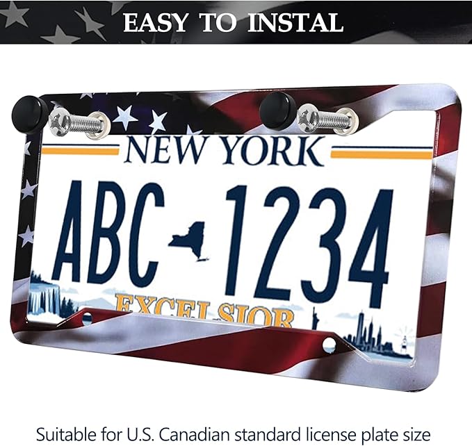 American Flag License Plate Frames - 2 Pack Front Rear Patriotic Matte Gloss Stars Stripe US Flag Stainless Steel Car Tag Frame Holder Covers with 4 Fluttering Flag Valve Stem Caps, Screws Fasteners