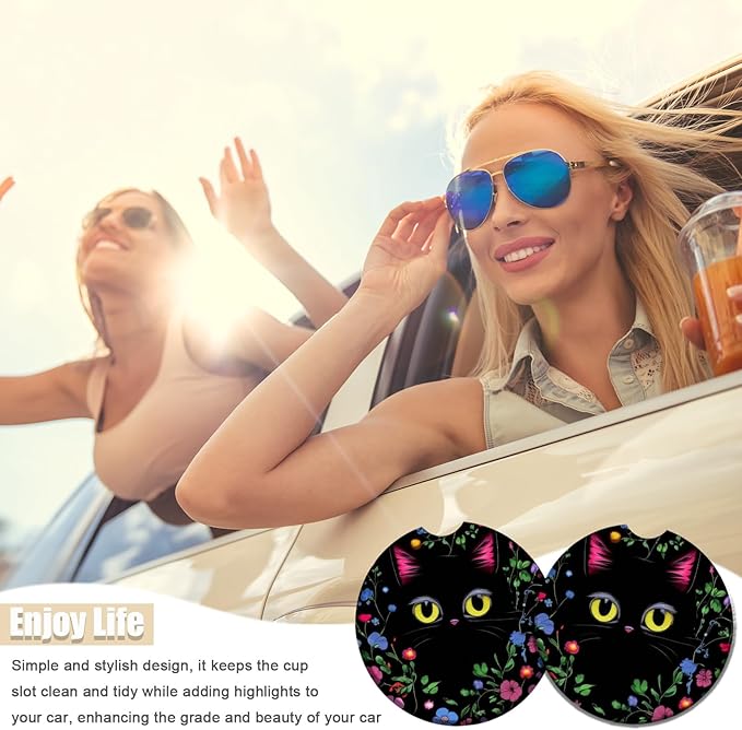 2 Pack Cute Flower Balck Coasters for Cup Holders, Ceramic Car Cup Holder Coaster for Car, Absorbent Car Cup Coasters with Cork Base Car Interior Accessories for Women Men