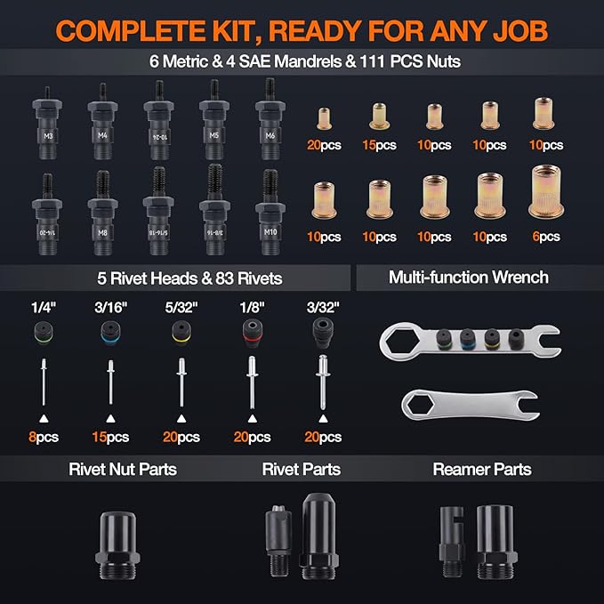 3-in-1 Rivet Nut Tool, Hand Rivet Gun, Reamer Set, Rivnut Tool Kit with 6 Metric & 4 SAE Mandrels, 5 Rivet Heads, 111 Rivet Nuts, 83 Rivets, Carrying Case, Riveter for Car, Home, DIY Projects