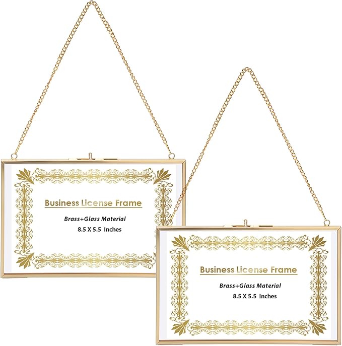 JUXYES 2 Pack Wall Hanging Business License Frame Brass License Certificate Display Frames, Double Glass Floating Diploma Frames, Wall Mount Golden Graduation Frame for 5.5x8.5 Inches Certificate Business Licenses