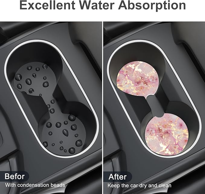 Car Cup Holder Coaster, Car Coasters for Cup Holders, 4 Pack Universal Anti Slip Insert Absorbent Ceramic Auto Interior Accessories with A Finger Notch & Cork Base, Golden Pink Marble