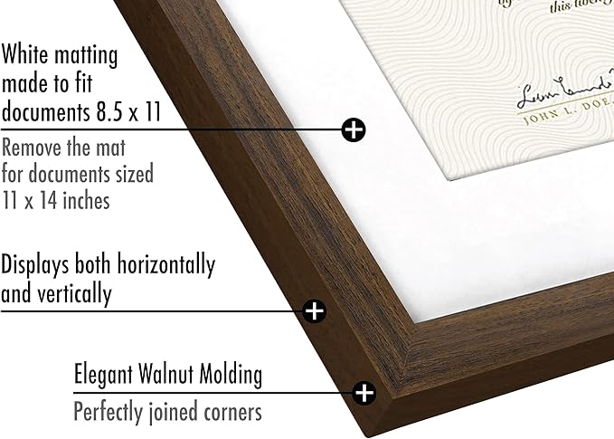 Americanflat 11x14 Walnut Diploma Frame | Certificate Frame Displays 8.5x11 Diplomas with Mat or 11x14 Inch Without Mat. Shatter-Resistant Glass. Hanging Hardware Included