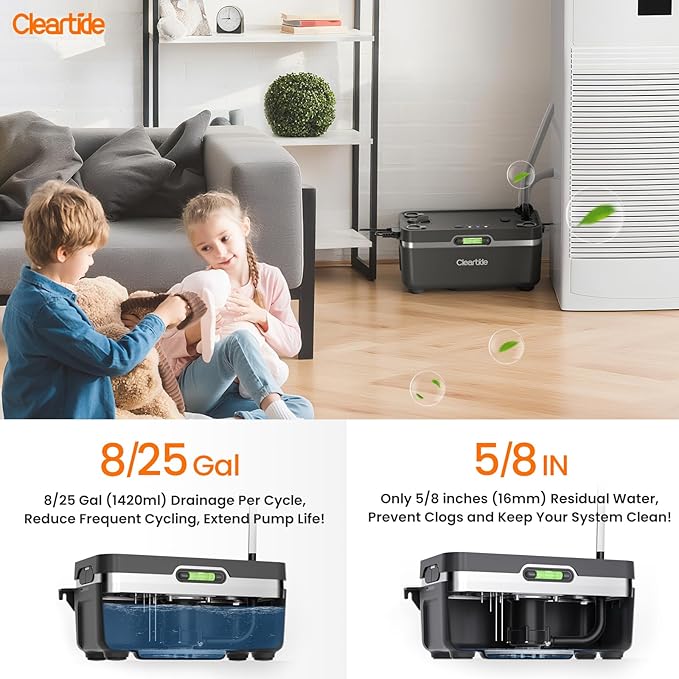 Cleartide Condensate HVAC Pump, Ultra-Quiet 25dB, 1/30 HP 135 GPH, 100-240V, Automatic Condensate Removal Pump with Safety Switch and Tubing for Air Conditioner/Furnace/Dehumidifier/Ice Machine