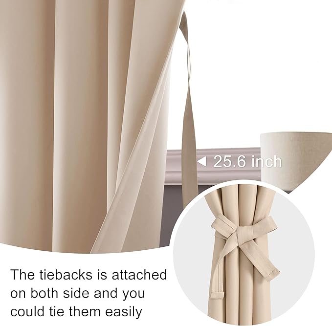 JIUZHEN Blackout Curtains for Bedroom - Thermal Insulated Room Darkening Rod Pocket Curtains for Living Room, Set of 2 Panels with Tiebacks, 38 x 84 Inch Length, Beige