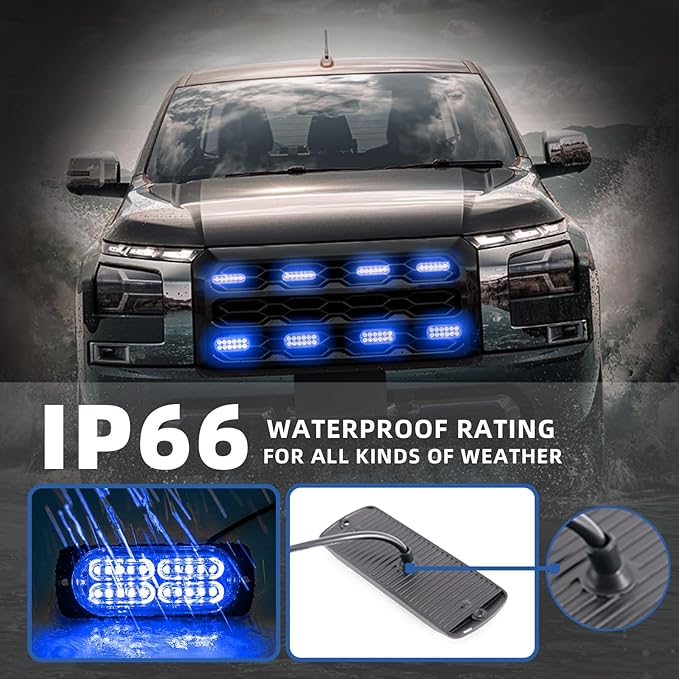 8pcs Sync Feature Emergency Strobe Grille Lights LED Ultra Slim Surface Mount Flashing Hazard Warning Light Bar with Controller for Firefighter/Construction/Trucks/Vehicles/Car (Blue)