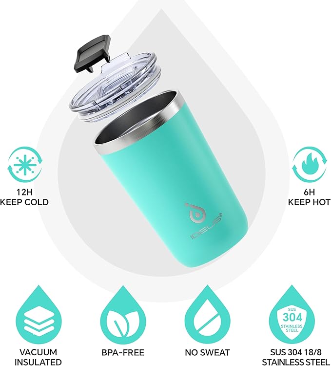 Ideus 20 oz Tumbler, Travel Coffee Mug with Splash Proof Sliding Lid, Double Wall Stainless Steel Vacuum Insulated Coffee Mug for Home and Office, Keep Beverages Hot or Cold, Sky Blue